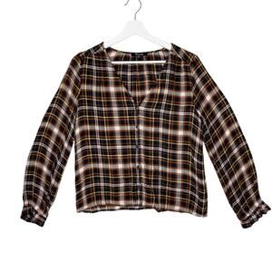 Madewell Shirt Womens Medium Cropped Brown Flannel Button Front Cotton V-Neck